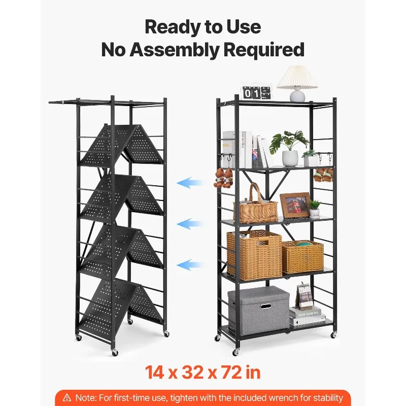 Półka składana z kółkami, 5-poziomowa, bez konieczności montażu, organizer, czarna