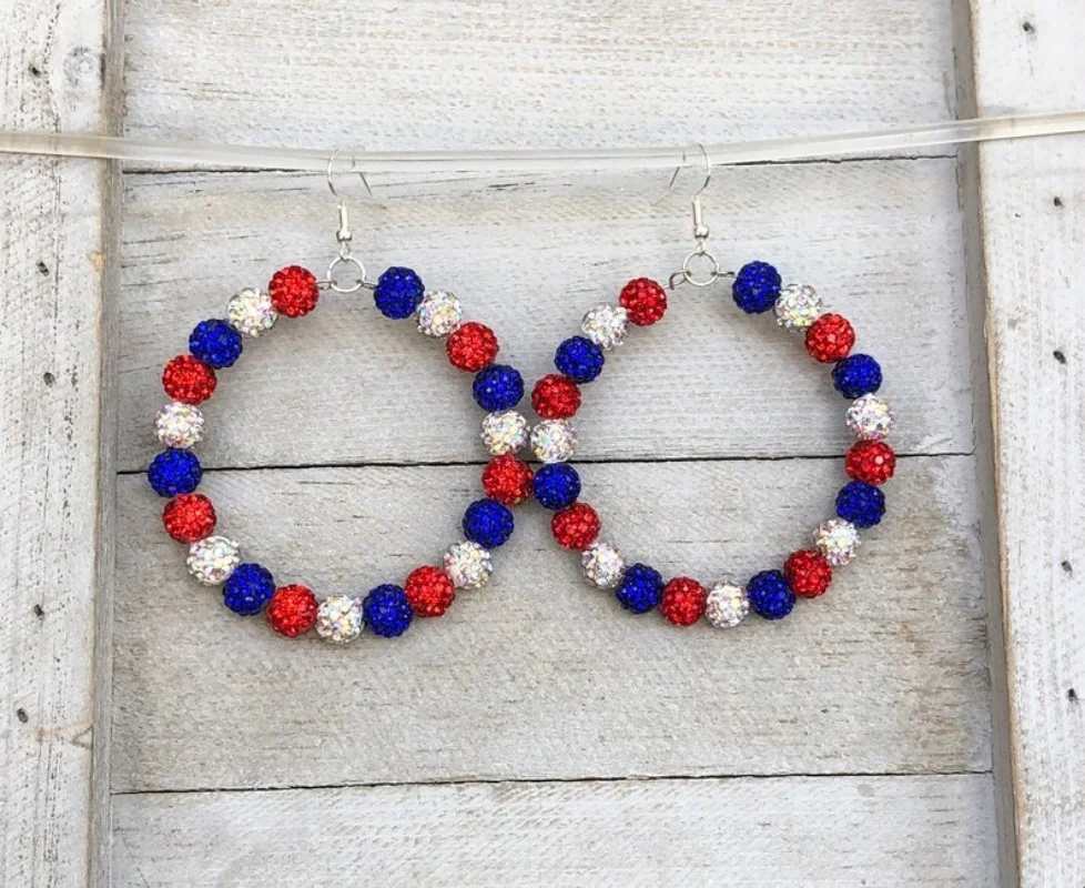 1 Pc Fine White Blue Red Beaded Fashion Zircon Beaded Earrings Pendant Women USA Independence Day Gift