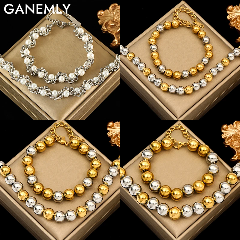 

GANEMLY 316L Stainless Steel Fashion Beads Chain Necklace Bracelet Set 18K PVD Plated Rust Proof Textured Unisex Jewelry Women