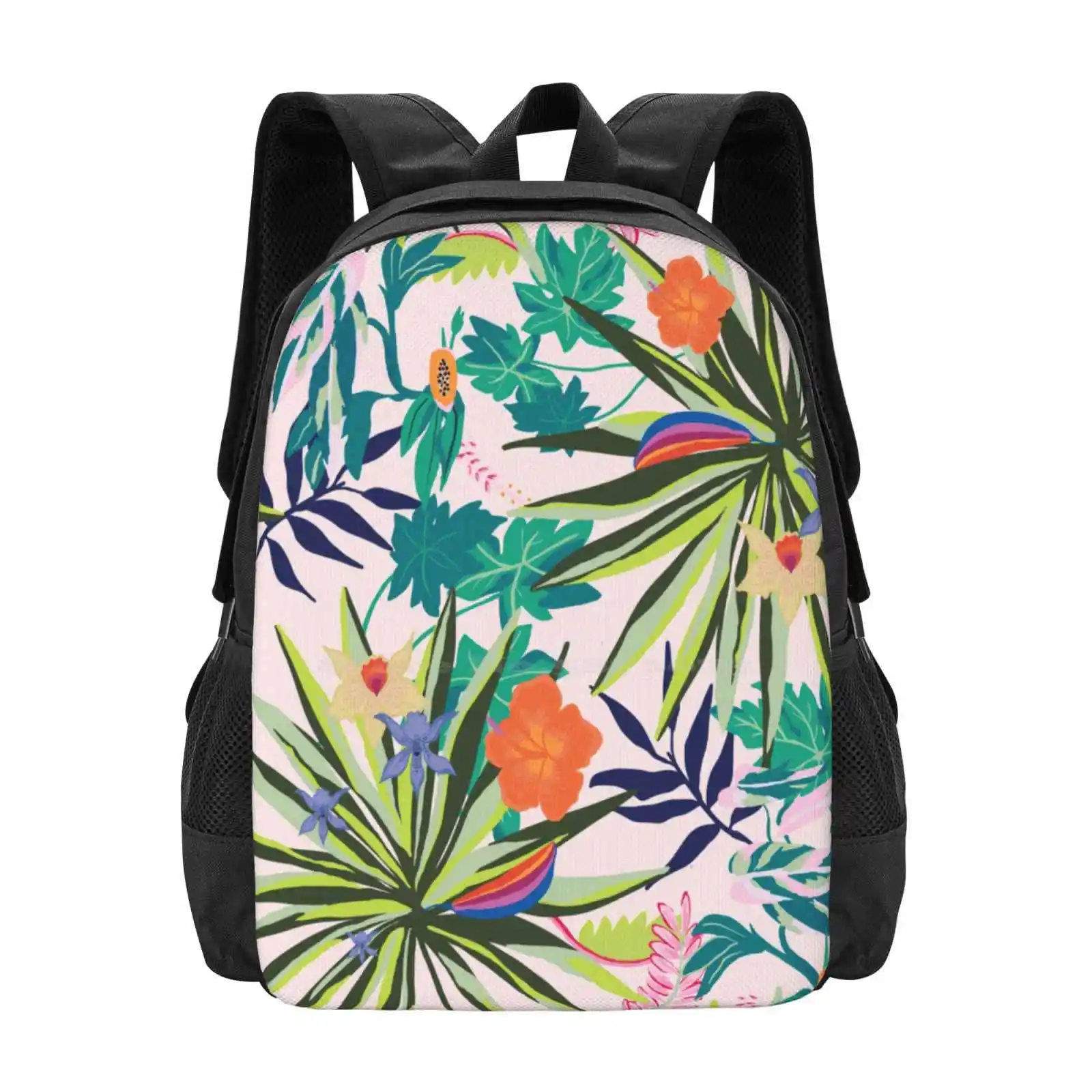 Pink Caribbean Hot Sale Schoolbag Backpack Fashion Bags Botany Botanical Leaves And Flowers Plants Nature