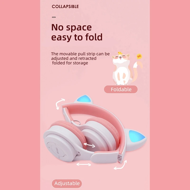 سماعات رأس للأطفال، سماعات أذن قطة بإضاءة LED ملونة، سماعة رأس بلوتوث 5.0، تدعم بطاقة TF