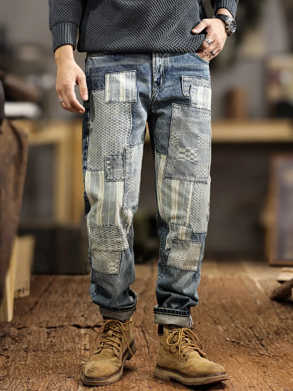 

Американские лоскутные свободные прямые мужские джинсы в стиле пэчворк, винтажные повседневные длинные брюки, весенне-осенний бренд Faion