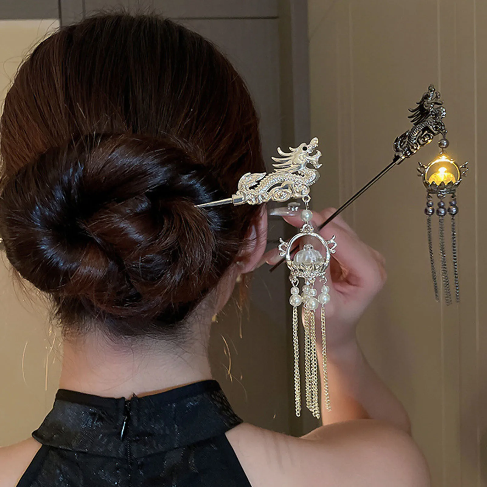 Luminous Hair Sticks with Dragon Designs Luxury Designer Jewelry for Women Girls Hair Bun Maker Tassel Chain Hairpin Side Clips