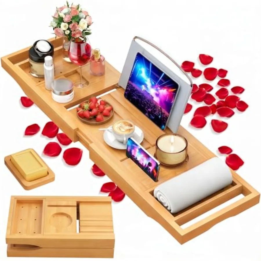 

Foldable Bathtub Caddy Tray, Bamboo Bath Tub Tray Table for Tub with Wine Glass Holder Book Phone Tablet Holder with Extending