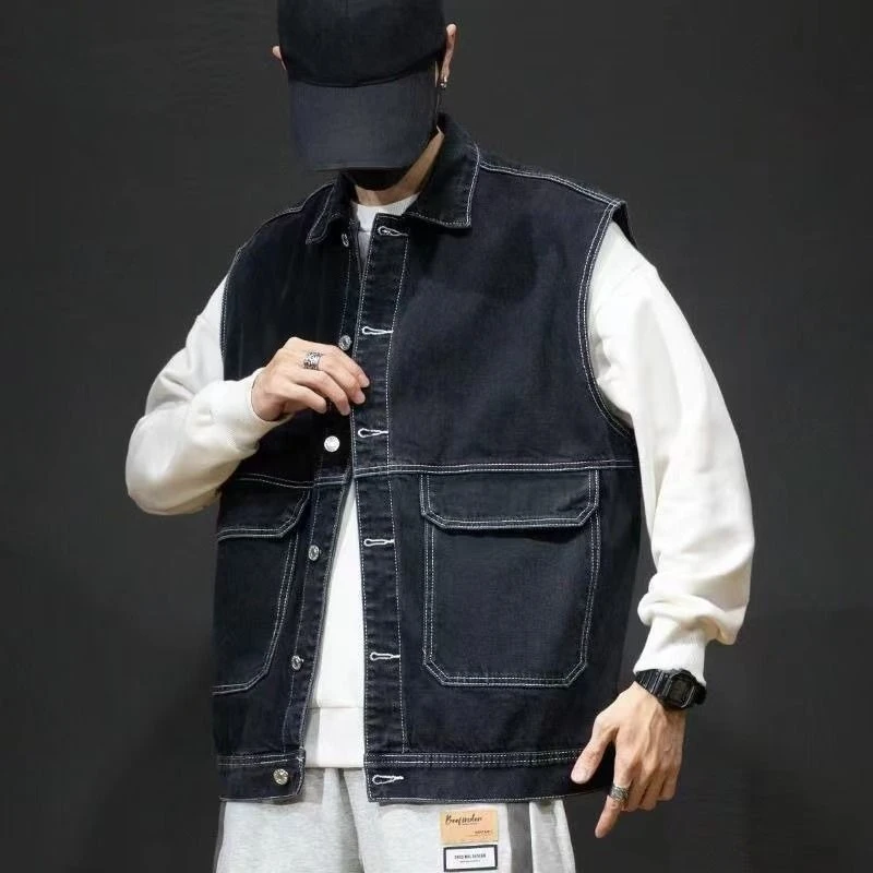 

Vintage Americana Sleeveless Vest Men's Loose Fitting Denim Jacket Urban Streetwear Casual Autumn Outfit