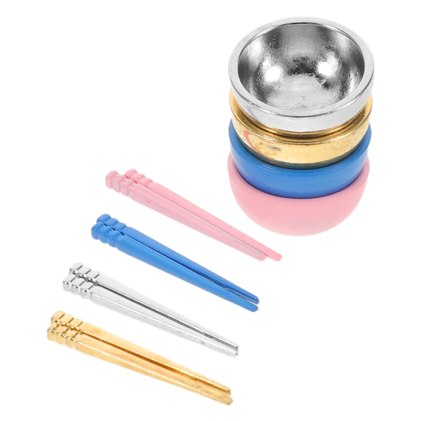 

4 компл., набор миниатюрной посуды для кукольного домика, металлические миски в масштабе 1:12, палочки для еды для диорамы, кухонная сцена, крошечные аксессуары для приготовления пищи