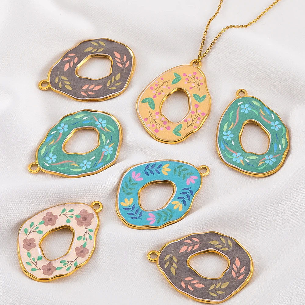 2pcs Stainless Steel Multi-pattern Floral Pendants Natural Landscape Printed Korean-style Charms for DIY Necklace Jewelry Making