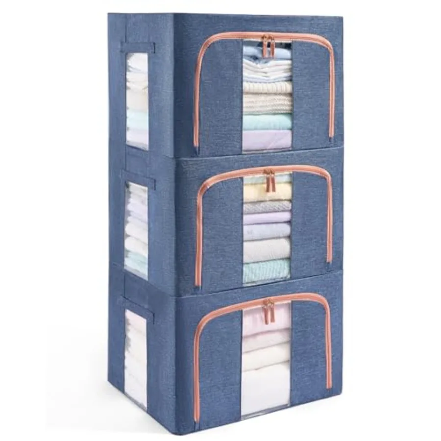 

3 Pack 100L Stackable Clothes Storage Bins with Metal Frame Handles and Zipper, Collapsible Closet Organizer Box with Lid for B
