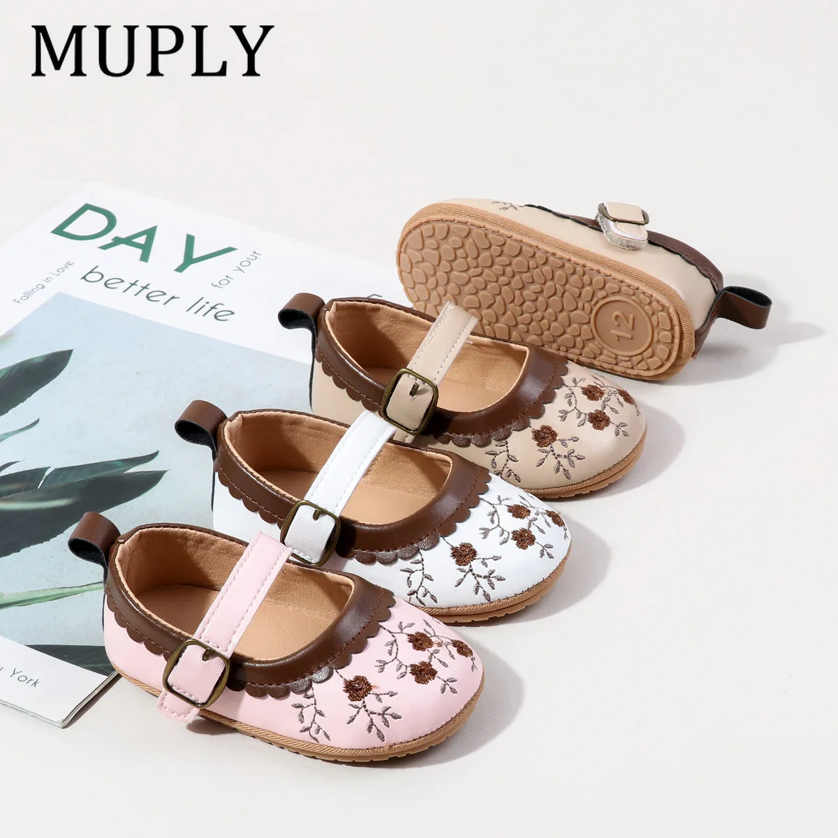 Baby Girls Princess Shoes Girl Classic Embroidery Flower Rubber Sole Anti-slip PU Toddler Shoes First Walker