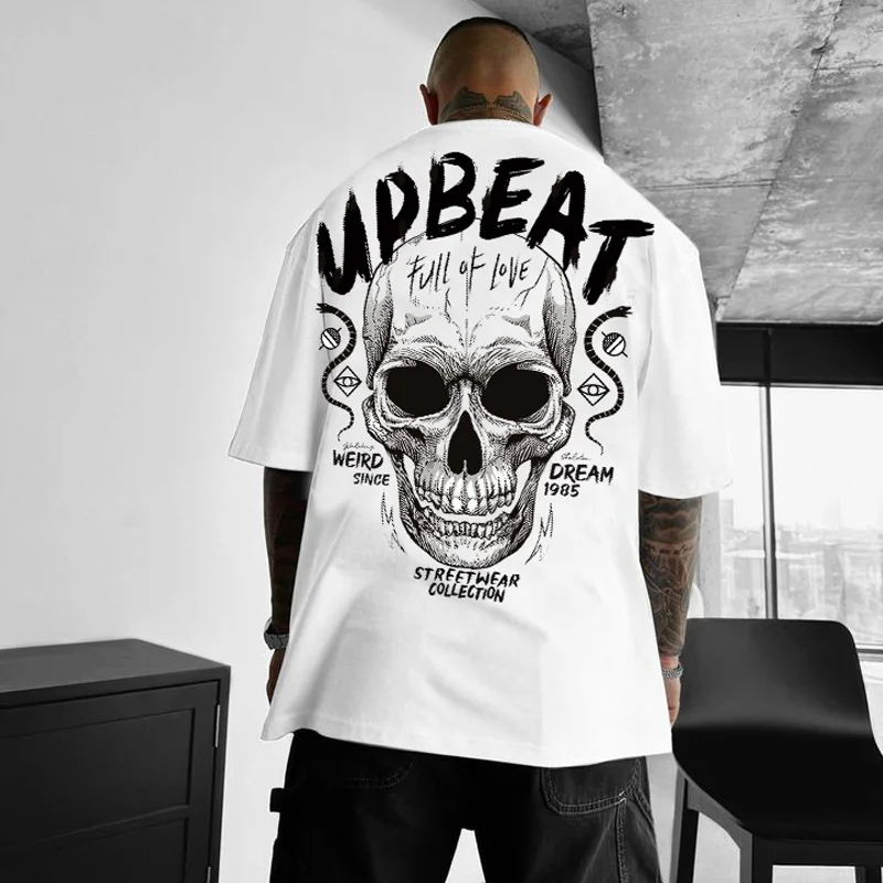 

Dark Skull Trend European and American High Street Rock Gothic Printed Men's Cotton T-Shirt Heavy Loose Large Size Short Sleeve