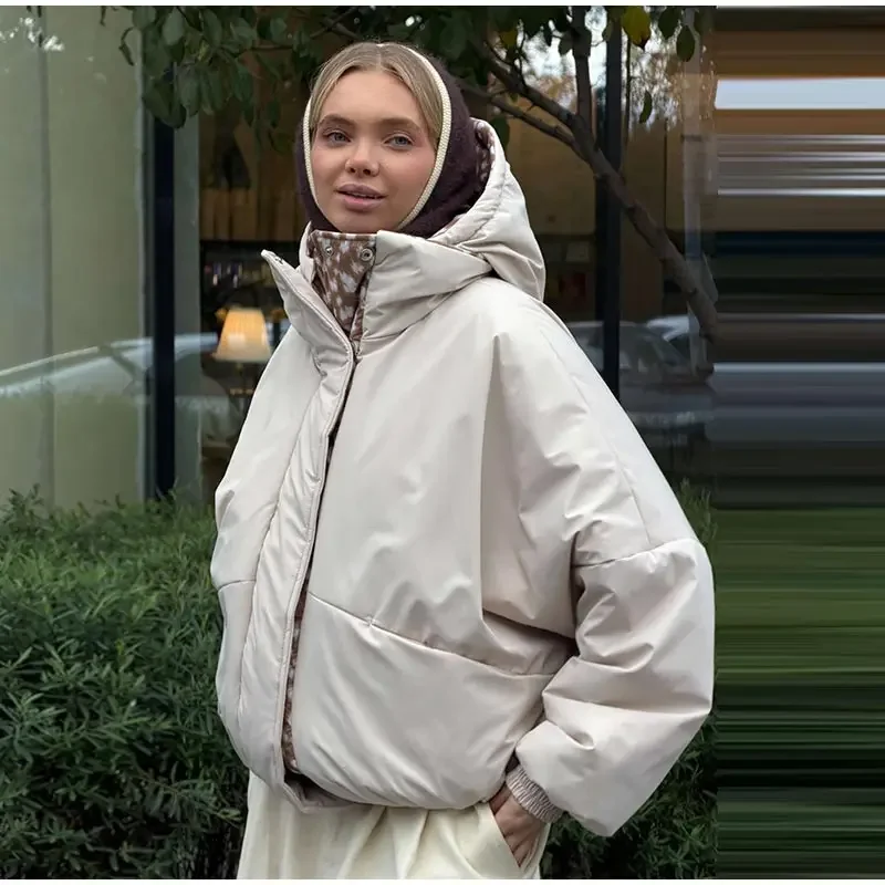 Chic Women's Elk Printed Reversible Padded Coats Hooded Full Sleeve Zip-up Pocket Cotton Jacket 2026 Winter Warm Thicken Outwear
