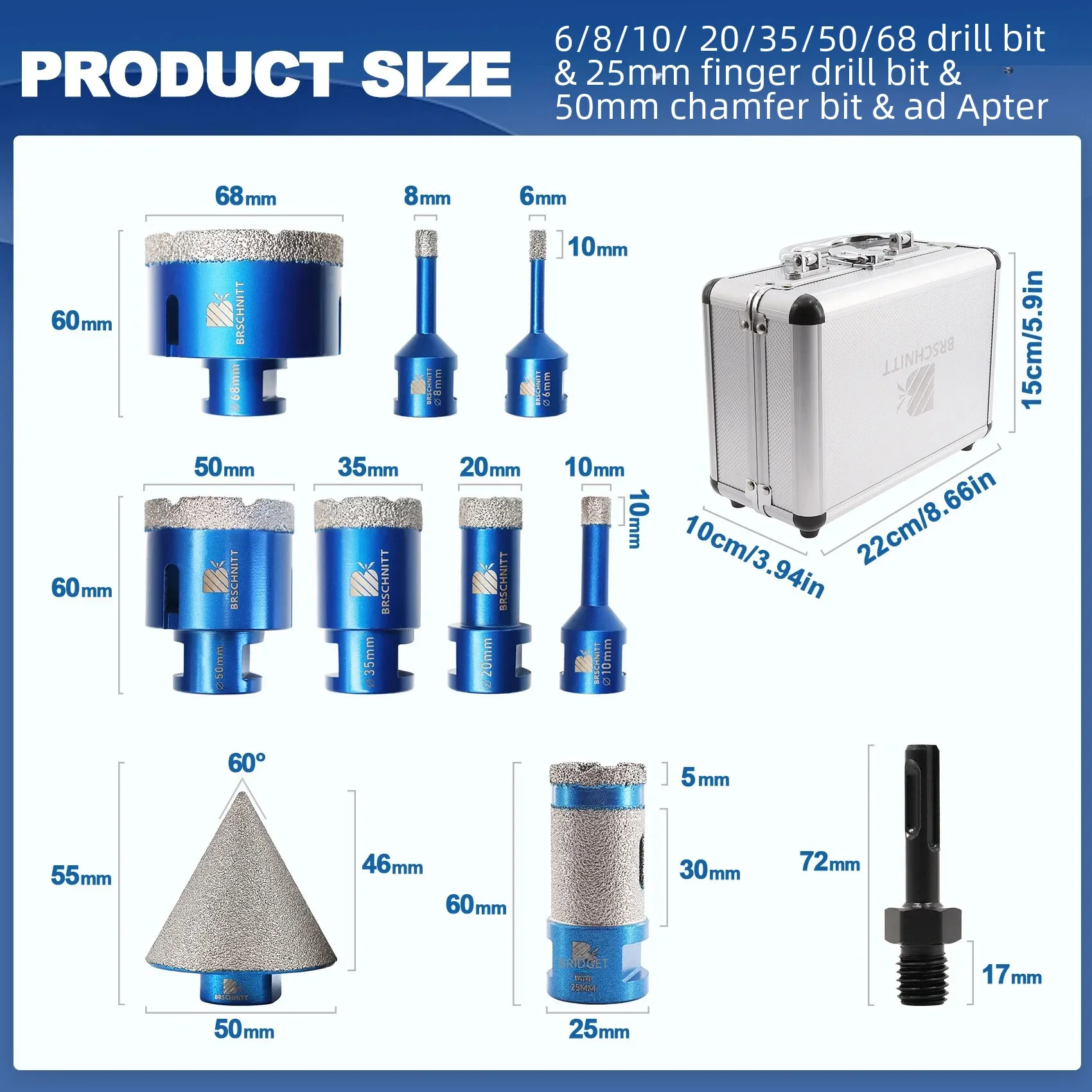 

BRSCHNITT Diamond Drilling Bits Kit Tile Cutter for Drilling Ceramic Marble Granite 10Pcs M14 Thread Hole Saw Drill Core Bit