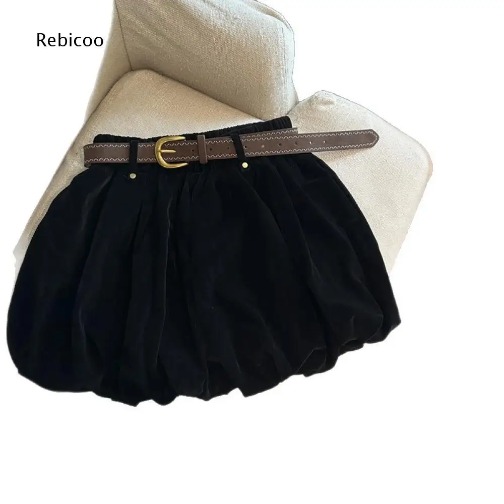 Velvet Puff Mini Skirt For Women Elastic Waist Pleated Bubble Short Bottoms With Decor Belt For Simple Daily And Night Out Looks