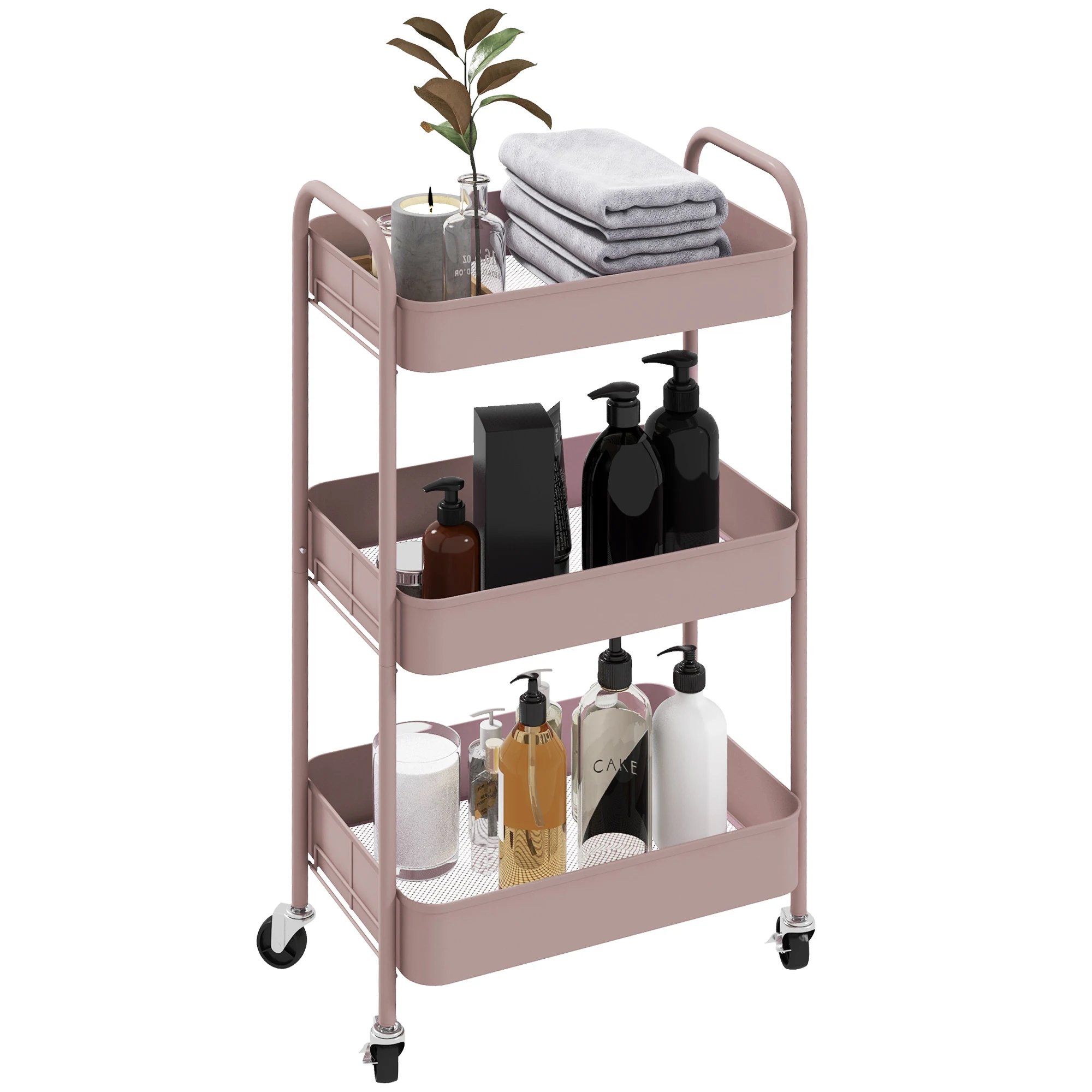 HOMCOM 3 baskets 45x30,6x79 cm pink wheel auxiliary cart