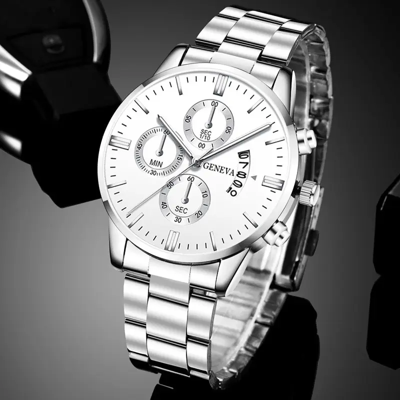 2023 Fashion Mens Watches for Men Luxury Silver Stainless Steel Quartz Wrist Watch Man Business Calendar Watch Reloj Hombre