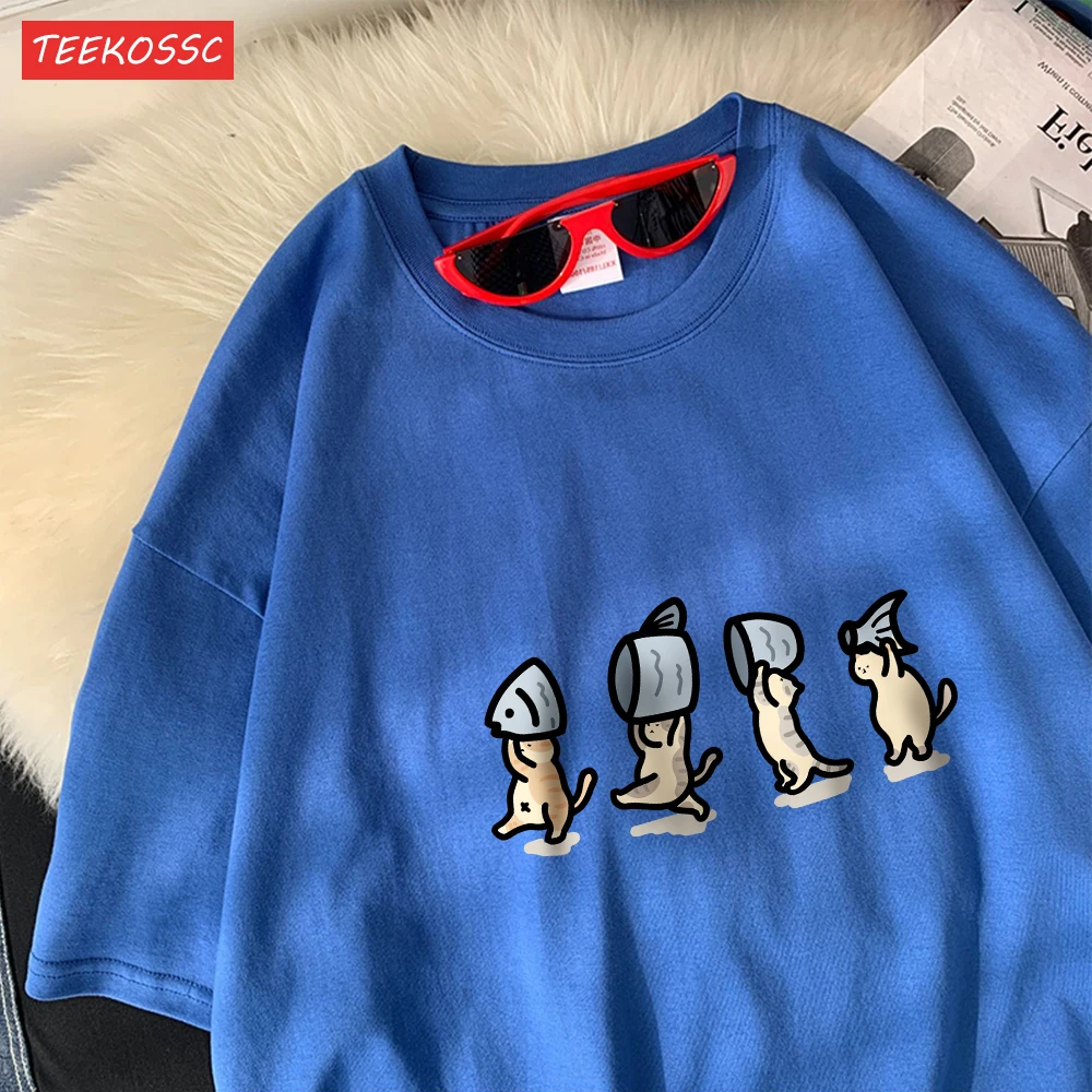 Vier Kleine Katzen Halten Fishcotton Frauen T-Shirts Cartoons Drucke T Shirts Weiche Oansatz Lose Kurzarm Tops Sommer Kleidung – Detail 29