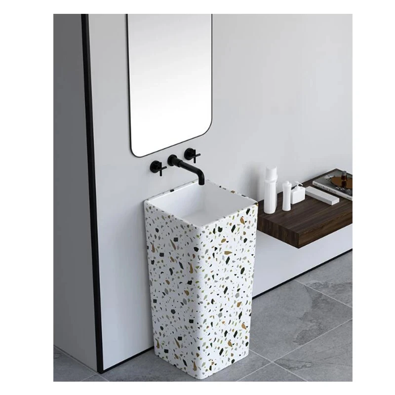 Ceramic Terrazzo Pedestal Sink Bathroom Washing Basins Free Standing Bowl Manufacturer Creative Vanity Sink CX378WY