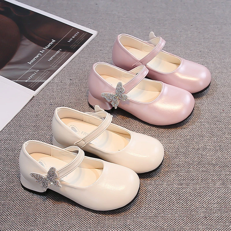 Kids Leather Shoes Round Toes Sweet Butterfly Girls Princess Shoes Elegant 2026 Brand New Children Dance Shoes High Heels