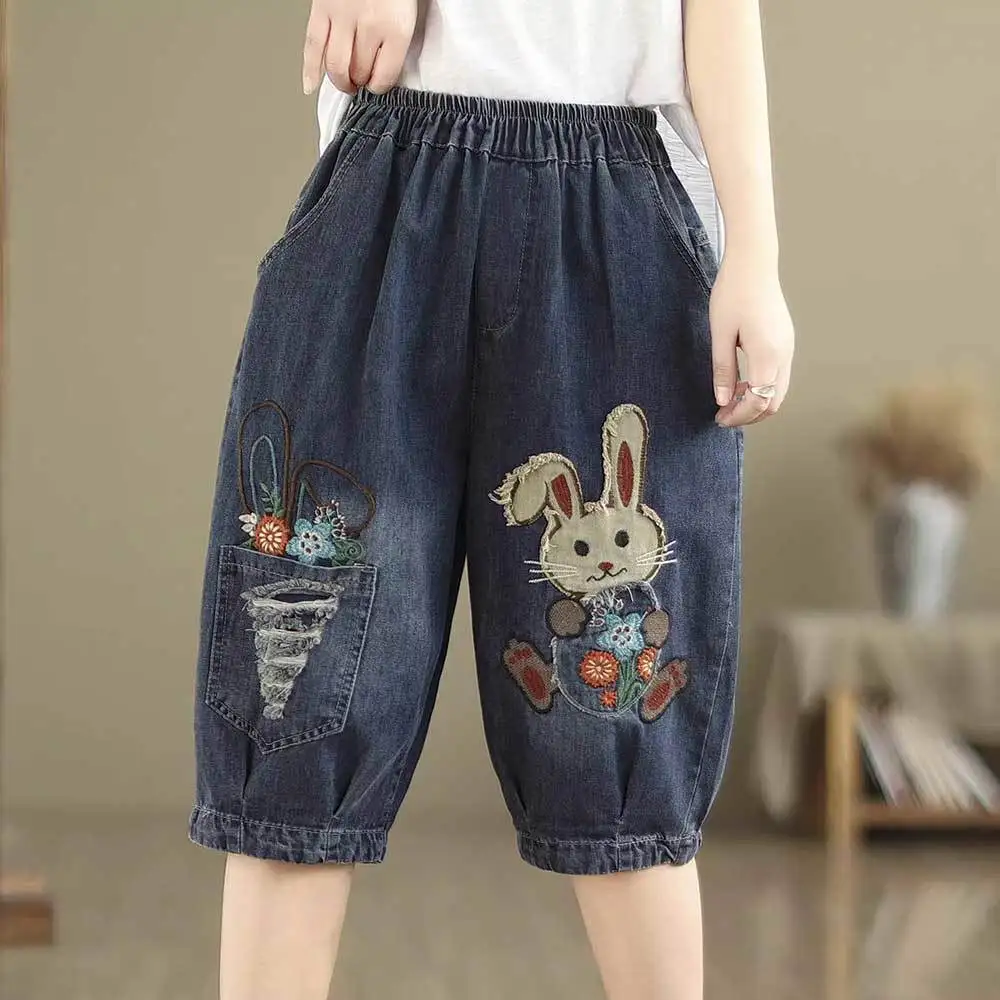 Summer Thin Cartoon Embroidered Loose Casual High Waist Harem Shorts Women's Five-Quarter Length Jeans Style Loose Fit Shorts