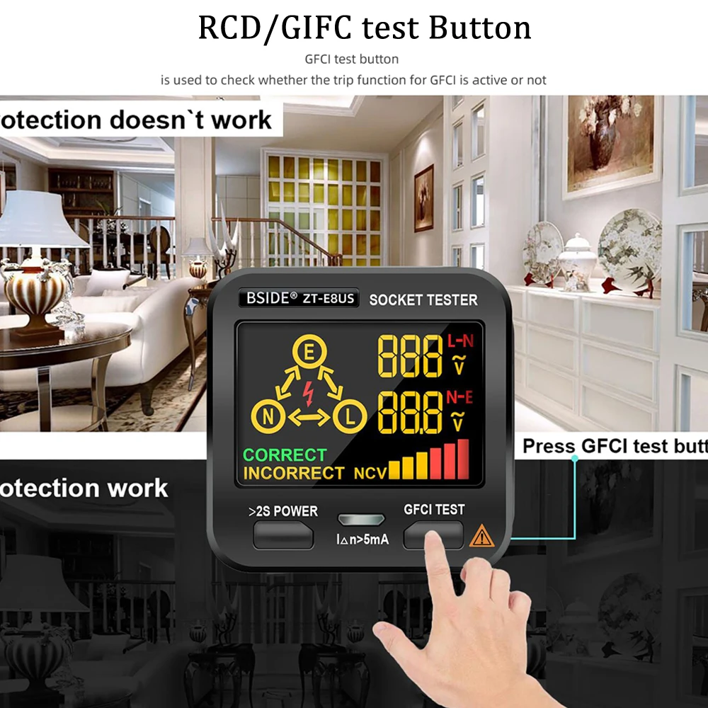 BSIDE Digital Socket Tester Smart Voltage Detector RCD GFCI NCV Test Large display Outlet checker EU US UK Plug Ground Zero Line