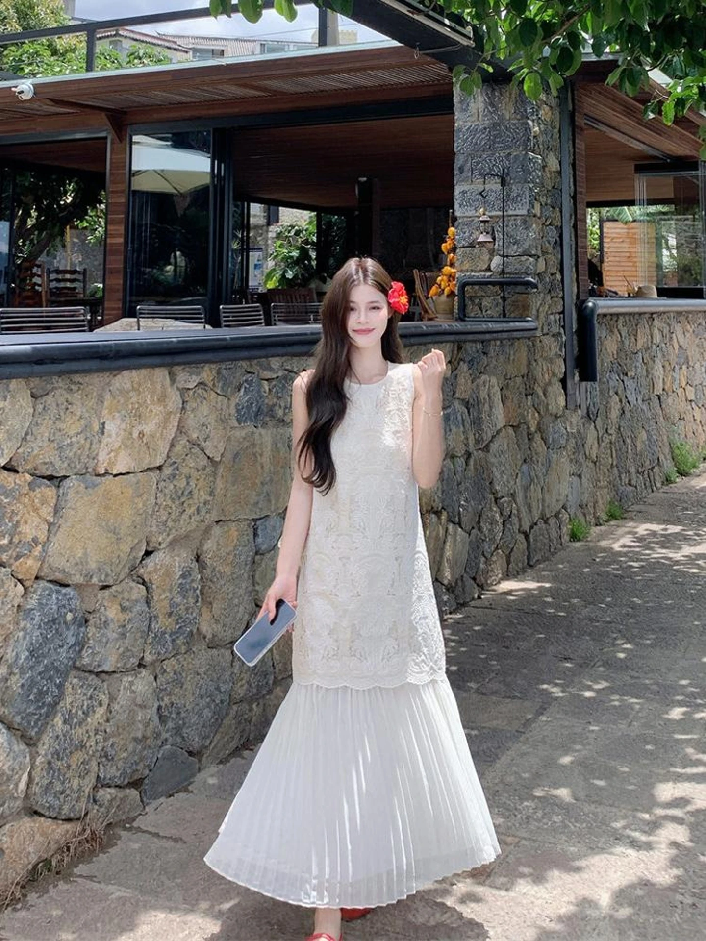 

Summer 2026 Women's Vintage Heavy Embroidery Hollow out Splice round Neck Vest Gored Long Skirt Dress Casual Style A-Line Skirt