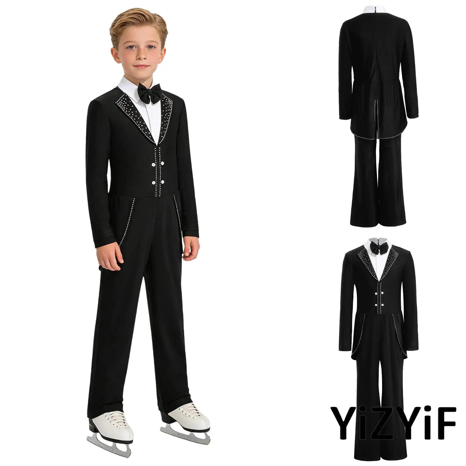 

Kids Boys Figure Skating Dance Costume Bow Tie Collared Lapel Long Sleeve Back Invisible Zipper Shiny Rhinestone Latin Jumpsuit