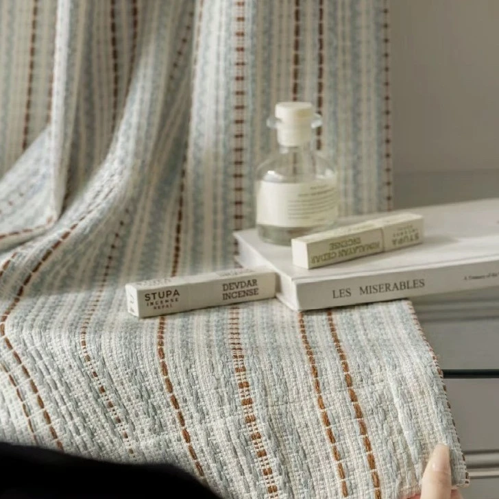 

New Light Luxury Retro Medieval Blue Striped Girls Bedroom Bay Window Living Room Cloth Curtain Dopamine Curtain