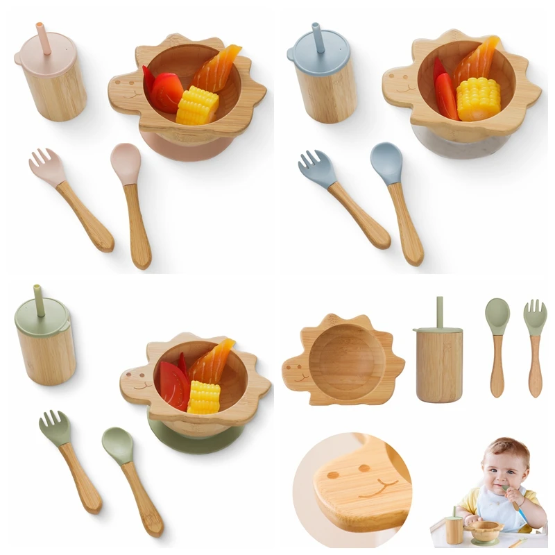 4pc Bamboo Wooden Dinosaur Dinner Plate Baby Bowl Spoon Fork Cup Silicone Suction Plate Tableware Set Baby Feeding Accessories