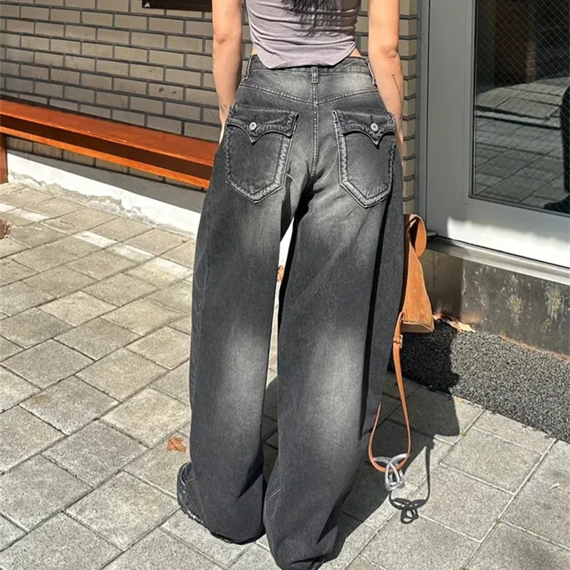

Washed Vintage Pocket Design Jeans Loose Wide Leg Pants Versatile High Waist Denim Trousers for Young Women 18-24 Years Old