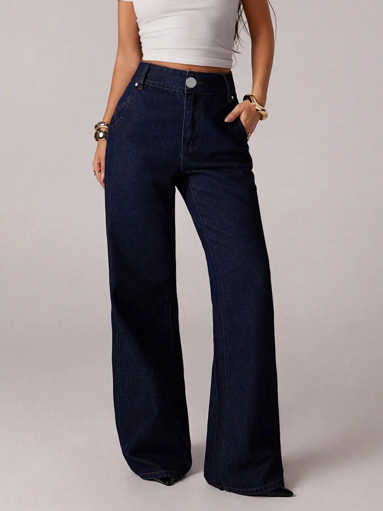 

Women's High Waist Wide Leg Dark Wash Denim Jeans with Metal Button Casual Fit