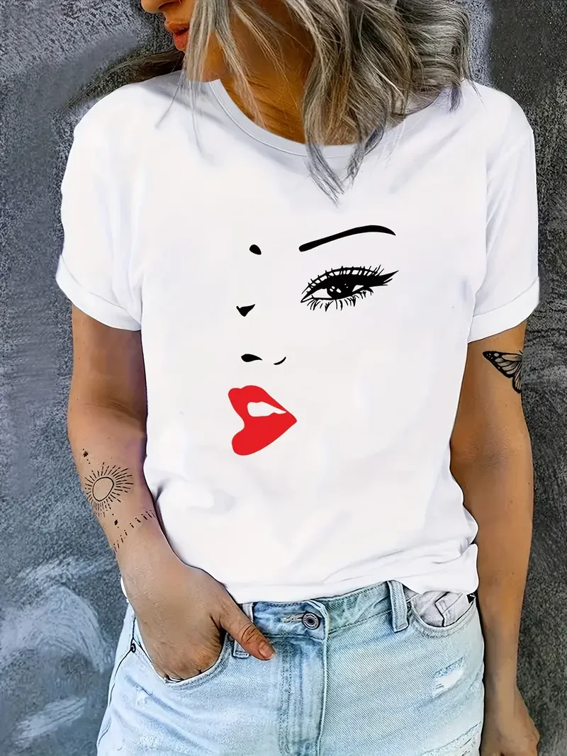 

A woman's Profile Fashion print women Tshirt Summer O-neck short sleeved Tee Tops street trend Female T-shirt Clothes