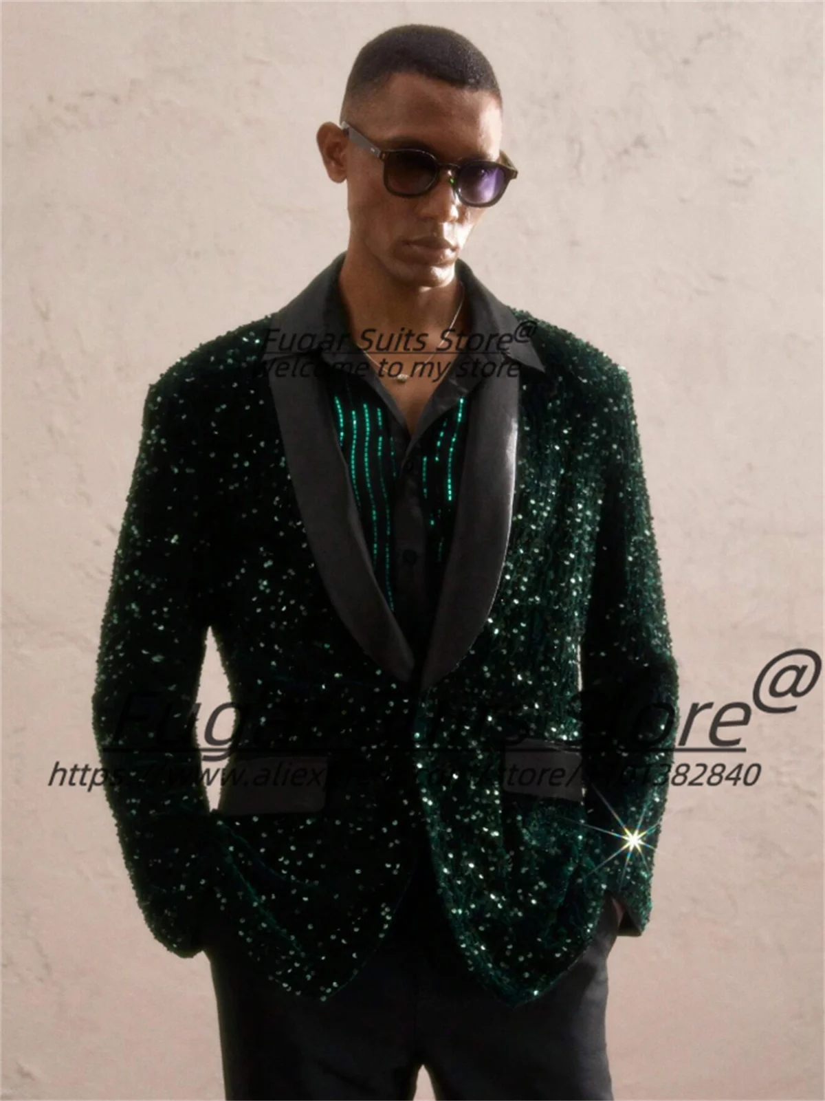 

Luxuly Green sequin Elegant Fashion Men Suits Slim Fit Shawl Lapel Groom Tuxedos 2 Pieces Sets Handsome Male Blazers Ropa Hombre