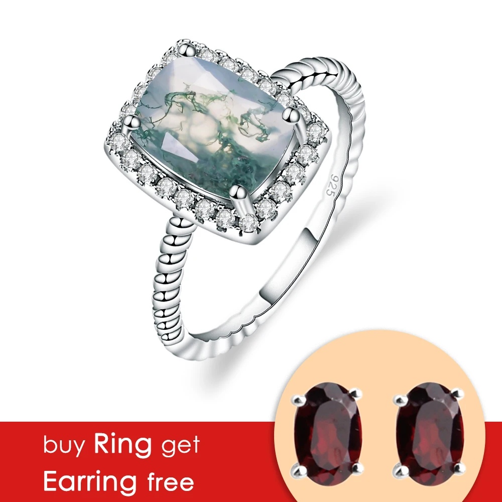 

GEM'S BALLET 1.78Ct 6x8mm Cushion Moss Agate Halo Rings 925 Sterling Silver Stripes Promise Ring LOVE Anniversary Gift