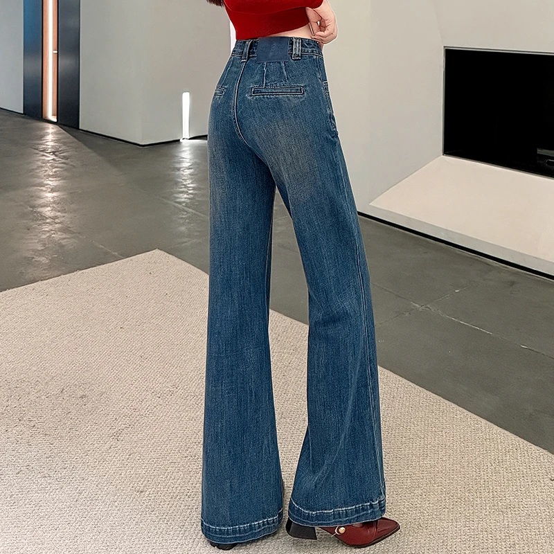 Women's New High Waist Flared Jeans, Slimming & Non-clingy Loose Fit Long Bootcut Trousers, Premium Sense Denim Pants