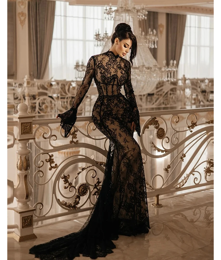 

MCDV Customized Graceful Lace Mermaid Evening Dress Temperament High Collar Long Sleeves Floor Length Bespoke Occasion Gowns