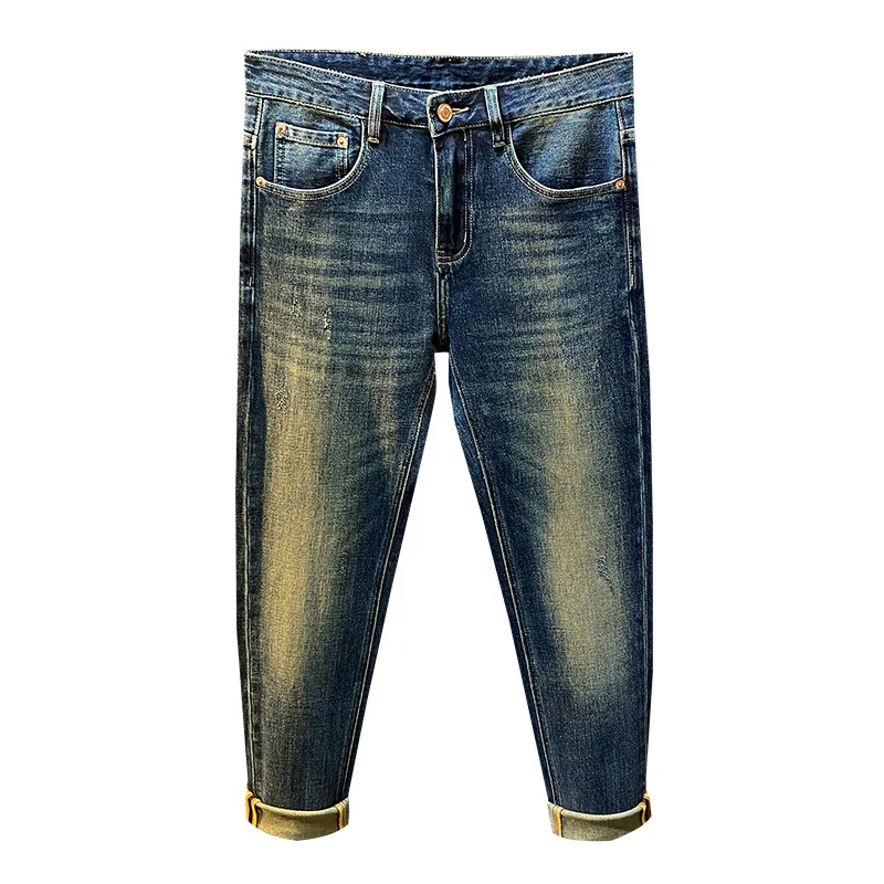 New Retro Washed Vintage High End Niche Versatile Jeans For Men Stretchy Slim Fit With Small Feet Cool And Casual Long Pants