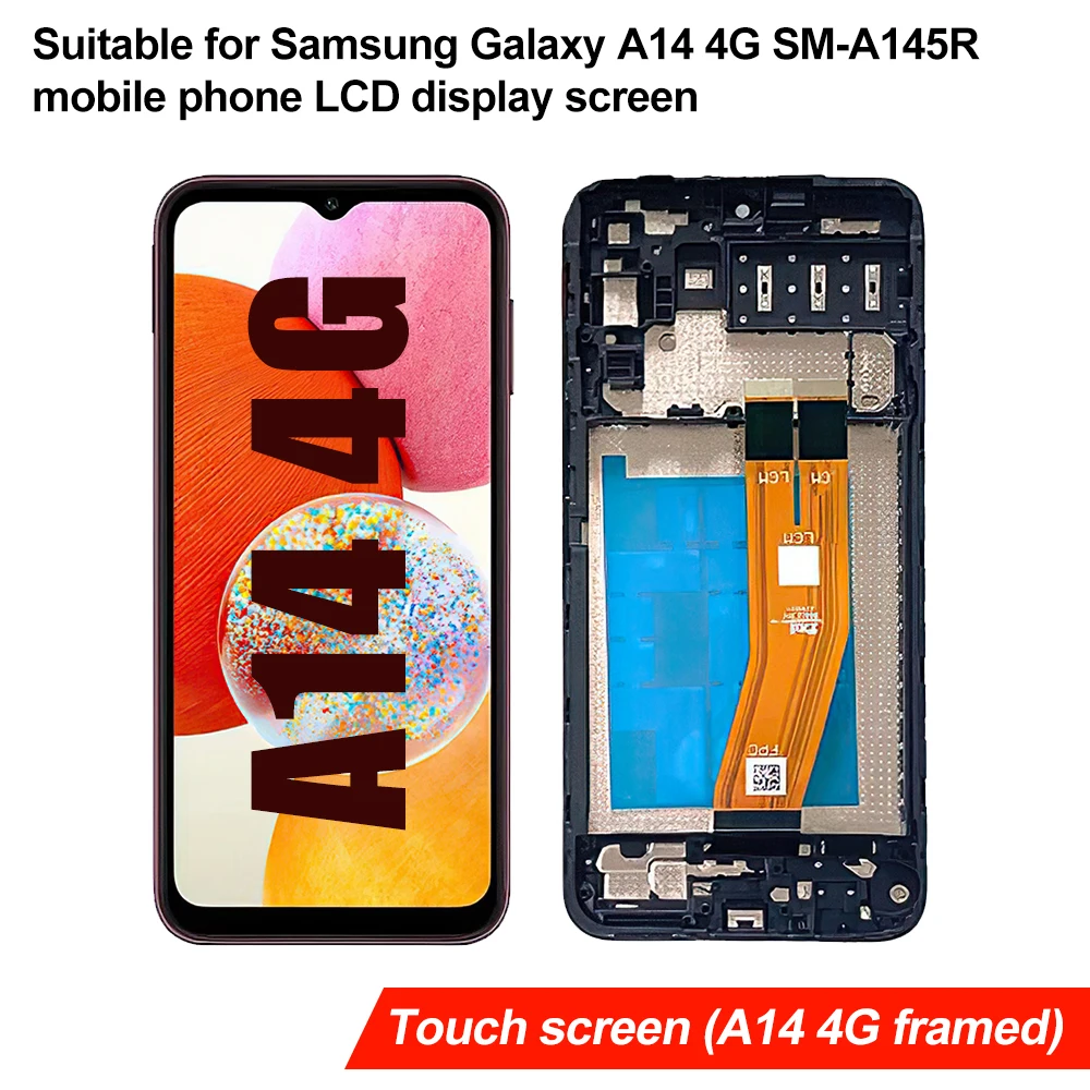 AMOLED LCD 디스플레이 풀 터치 스크린 디지타이저 조립 부품, 삼성 갤럭시 A14 4G SM-A145R, 프레임 교체