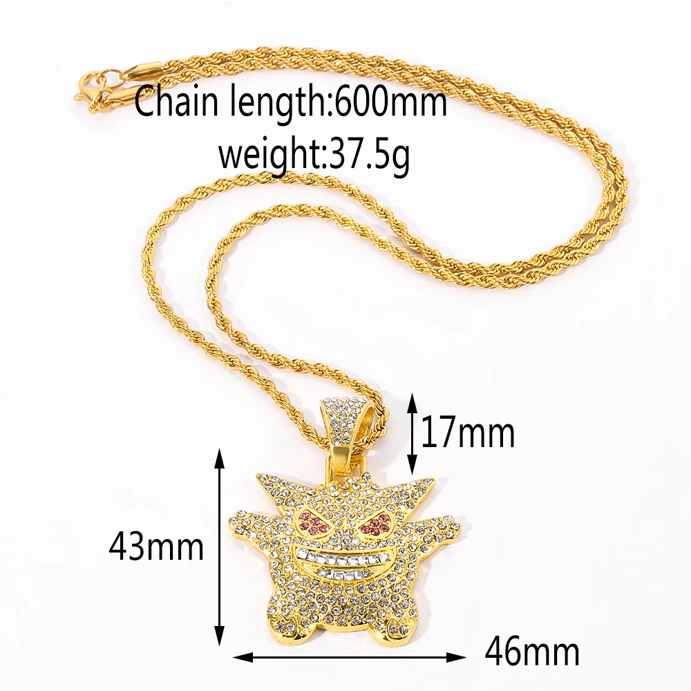 Anime Pokemones Hip Hop Necklace Cartoon Figure Gengar Metal Pendant Neck Chain Street Jewelry Rapper Accessories Gifts