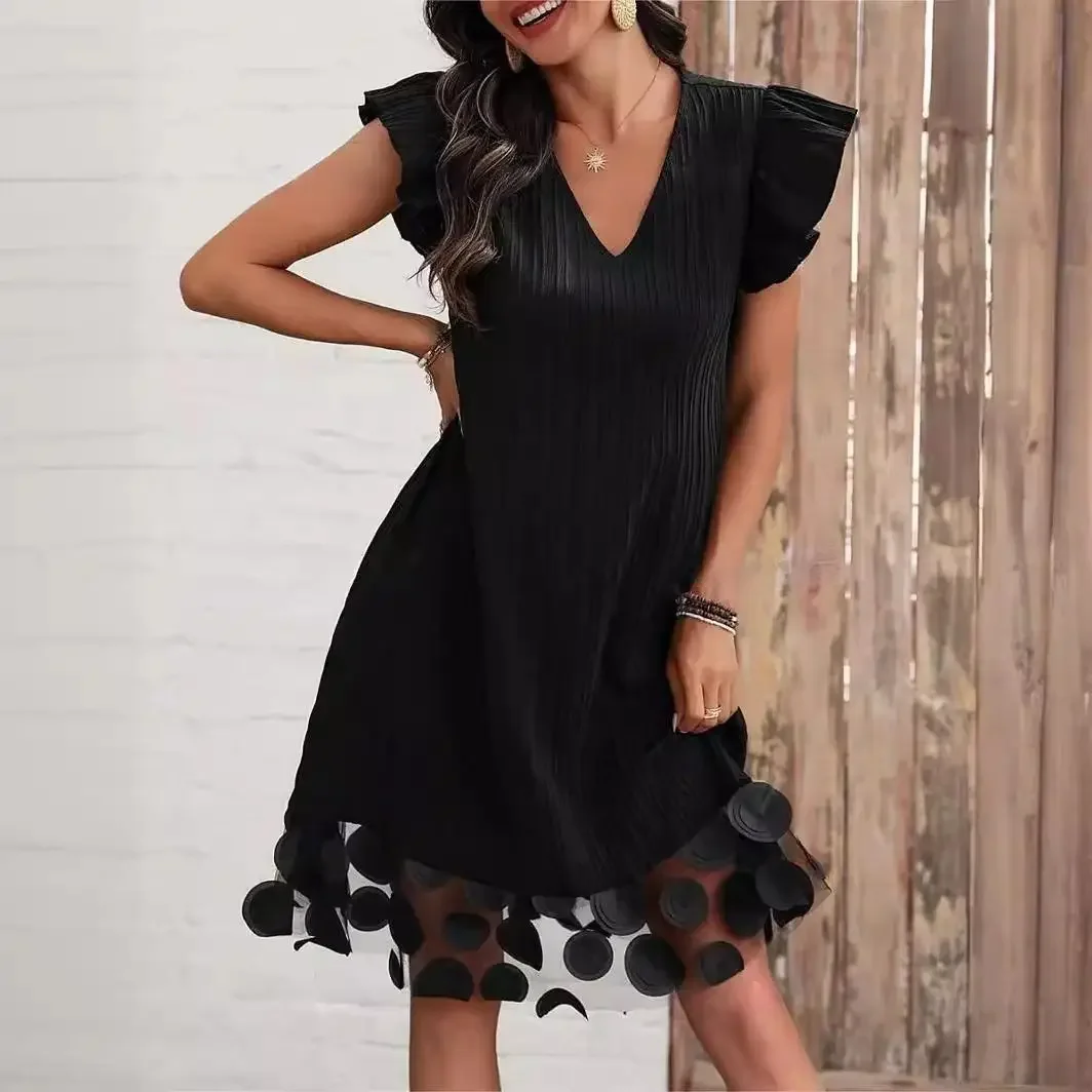 

Summer Women V-neck Sexy Elegant Black Dresses Mesh Splicing Pleated Beach Sundress Solid Dress Ruffle Sleeve Sweetheart Dress