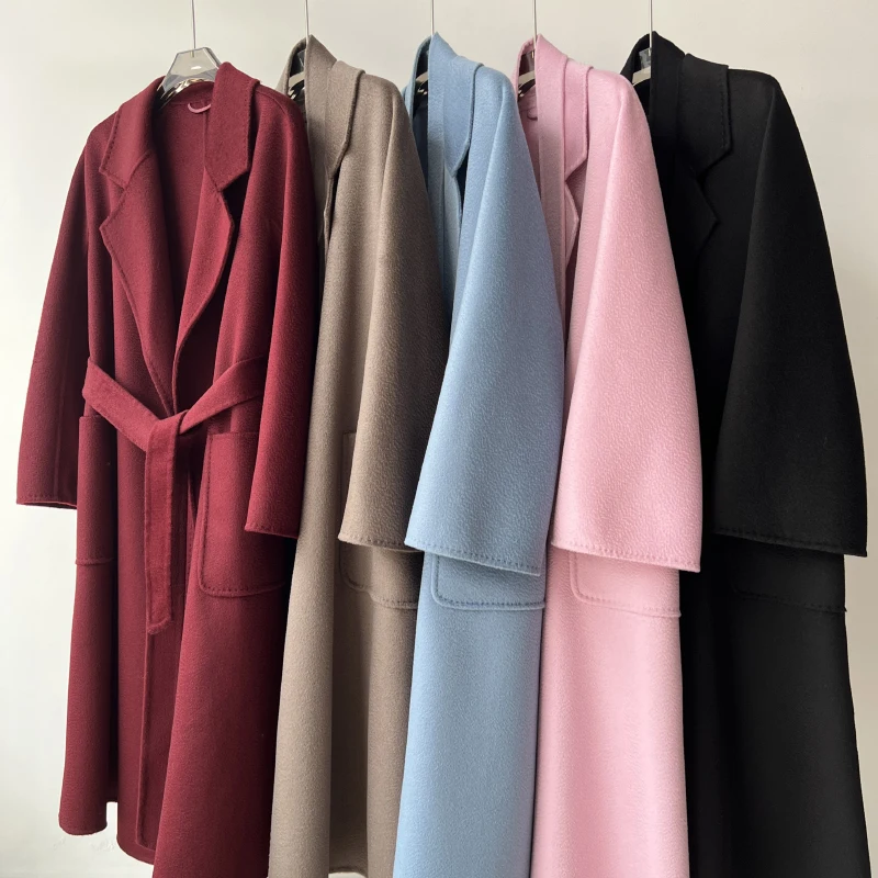 

New Colors Handmade Bathrobe Style Big Size Water Ripple Double-sided Wool Women Coat Lapel Loose Belt Jacket Tide Autumn Winter