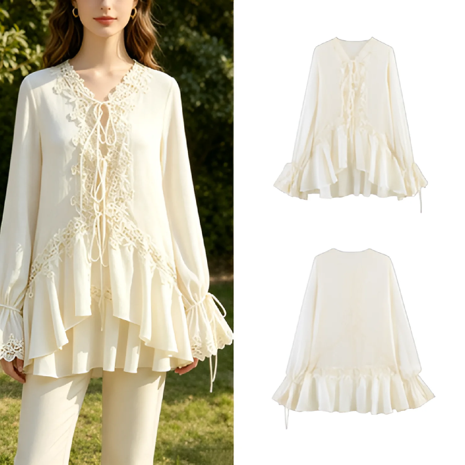 

Lace Trim Blouse Women Ruffle Sleeve Blouse Spring 2026 Solid Color Elastic Cuff Tie Neck Casual Fashion Elegant Lace Top