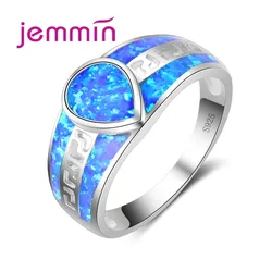 Simple Wide Wedding Hollow Ring Water Drop Crystal Shape Blue Fire Opal Ring Brilliant Jewelry for Women Female
