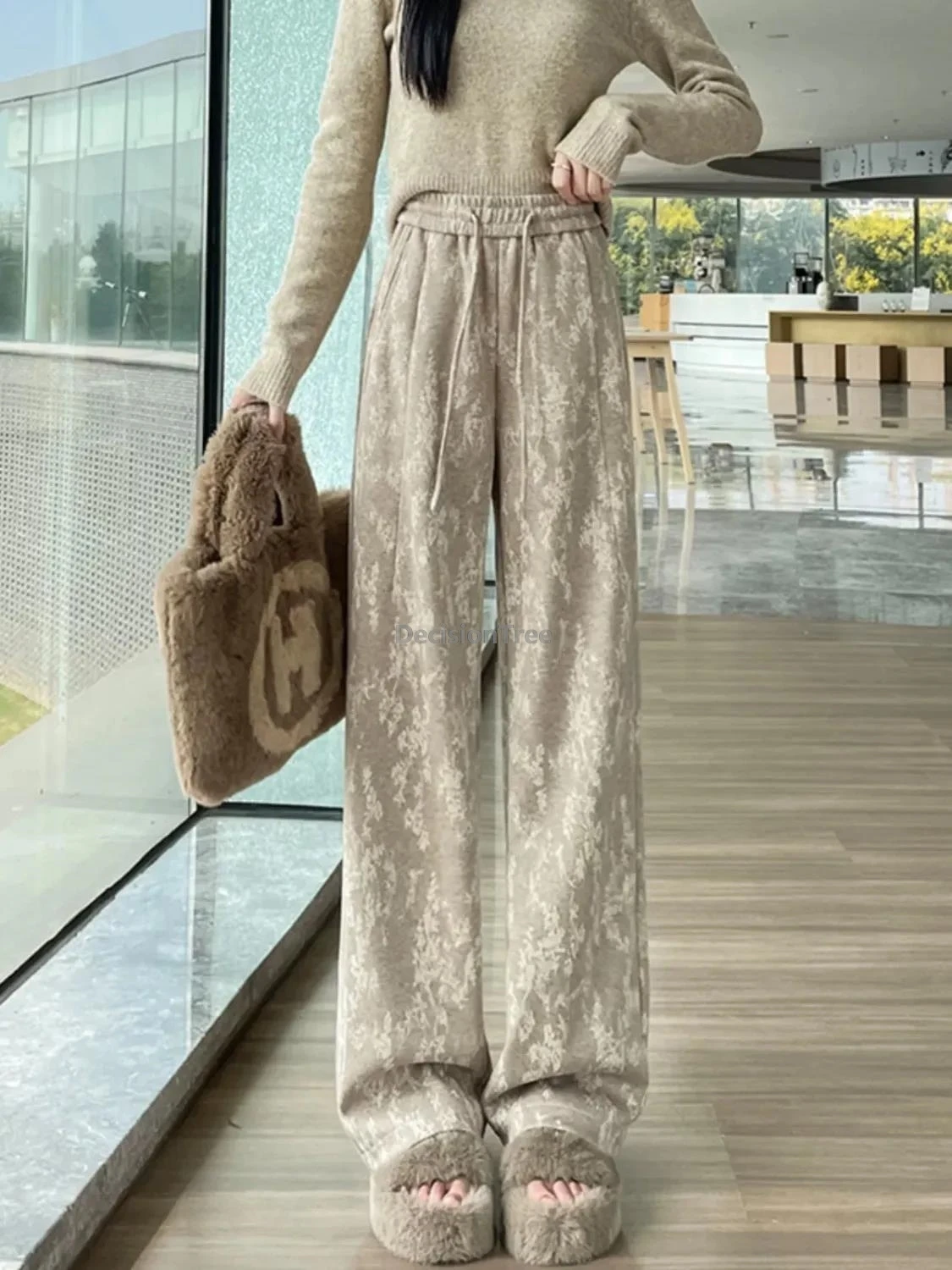 

2025 new chinese style knitting wide leg pants qutumn winter high waist leisure jacquard lazy style pants thicken warm trousers