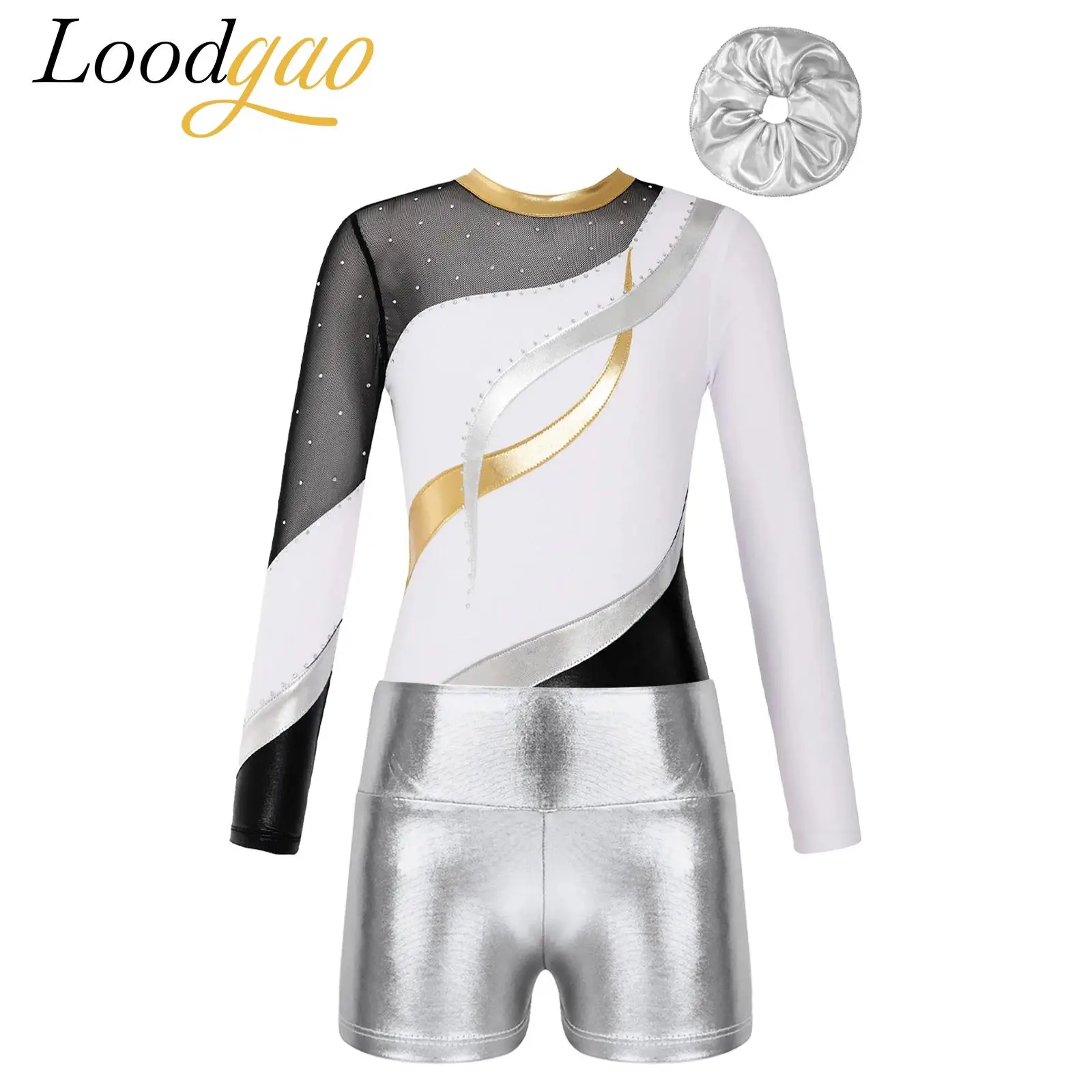 

Girls Acrobatics Jumpsuits Ballet Dance Figure Skating Set Long Sleeve Dancewear Kids Gymnastics Leotard with Metallic Shorts