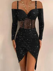 Vestido de mujer ajustado Sexy cadera un hombro tirantes Irregular brillante vestido femenino