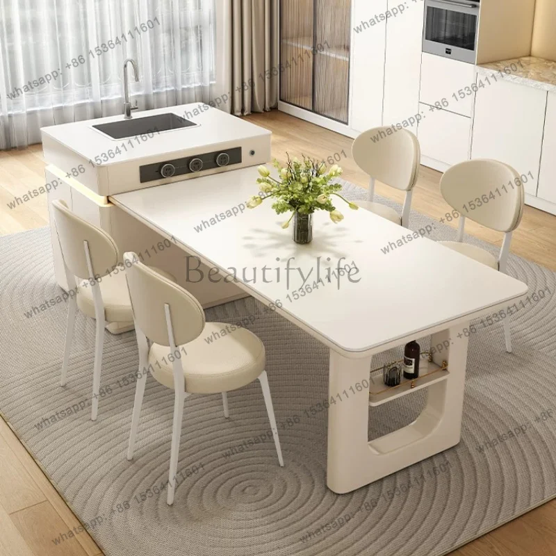 LJY Luxurious Cream Style Sintered Stone Island Dining Table Integrated Extendable Minimalist Modern Kitchen High-end Dining Tab