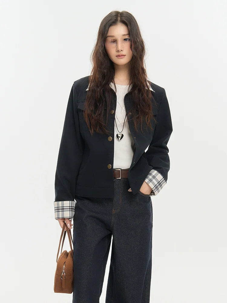 

Pink Collaborative Vintage Plaid Splicing Casual Women's Jaet ort Outerwear Spring Autumn Straight Cotton Collar