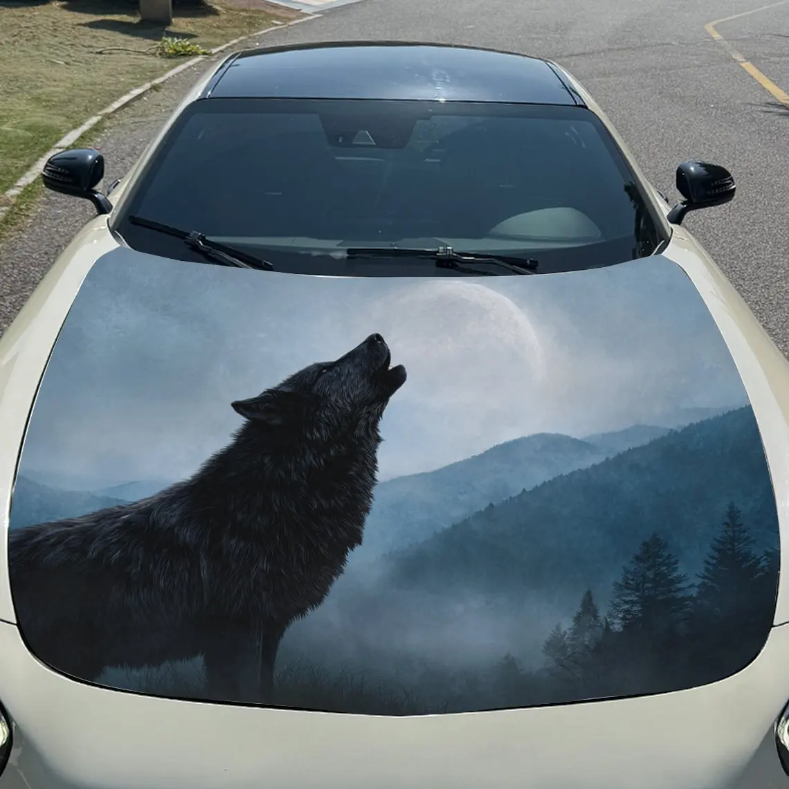 ملصق غطاء محرك السيارة على شكل ذئب يعوي على اكتمال القمر في الغابات الجبلية، شارات رسومات من الفينيل ذاتية اللصق مقاومة للماء، D