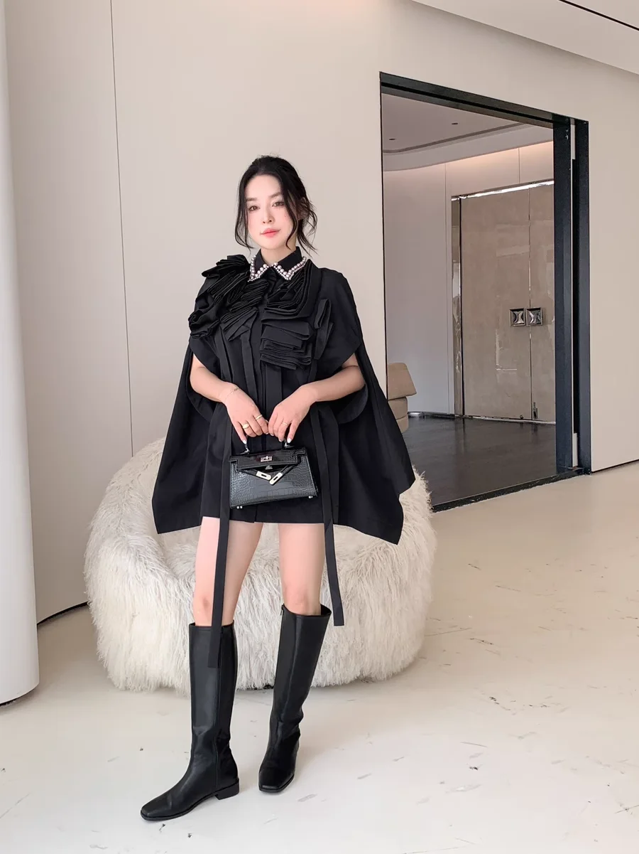 

2025 Spring Autumn Black Coat Elegant Office Ladies Wool Cloak Fashion Women's Long Jacket With Flowers