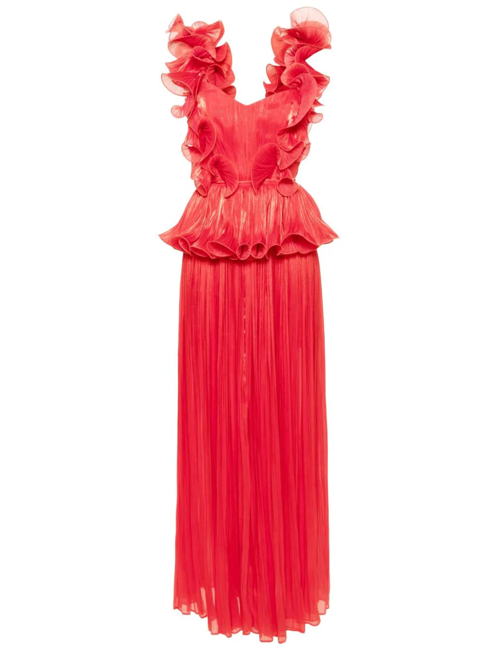 Couture Coral Red Ruffles Trimmed Long Evening Dresses Pleated Chiffon A-line Formal Party Dress Modest Maxi Gowns